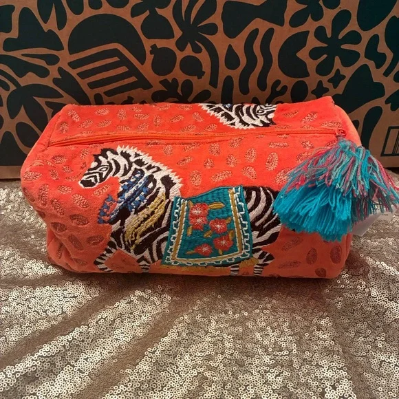 Large Embroidered Bright Orange Zebra Cosmetic Bag w Pom Pom Zipper NWT - Picture 1 of 6